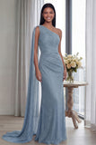 Navy One Shoulder Sheath Ruched Long Evening Dress with Side Cape