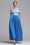 Off the Shoulder Fuchsia and Red A Line Color Block Maxi Dress with Pockets