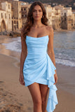Ivory Strapless Bodycon Ruched Mini Graduation Dress with Ruffles