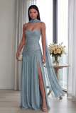 Strapless Dusty Sage Pleated A Line Streamer Long Evening Dress with Slit