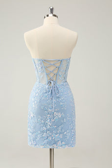 Light Blue Corset Sequins Sweetheart Short Tight Graduation Dress with Lace-up Back