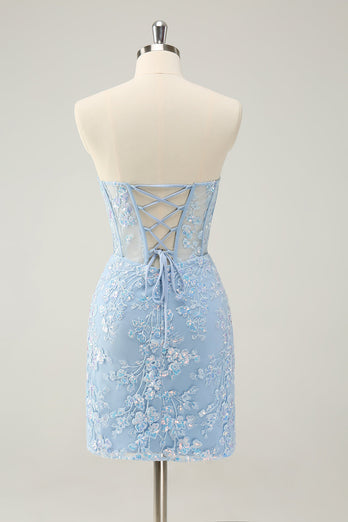 Light Blue Corset Sequins Sweetheart Short Tight Graduation Dress with Lace-up Back