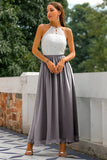 Grey Halter Lace Wedding Guest Dress