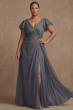 Dusty Sage Plus Size A Line Flutter Sleeves Ruched Mother Of The Bride Dress with Slit