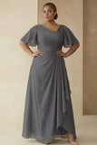 Dusty Sage A Line Ruched Short Sleeves Plus Size Mother Of The Bride Dress with Ruffles