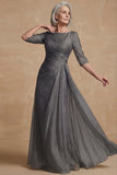 Dusty Sage Ruched A Line Boat Neck Long Mother of the Bride Dress