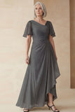 Dusty Sage A Line Ruched Mother of the Bride Dress with Short Sleeves