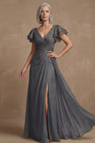 Dusty Sage A Line Flutter Sleeves Ruched Mother of the Bride Dress with Slit