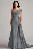 One Shoulder Pleated Champagne Sheath Long Formal Dress