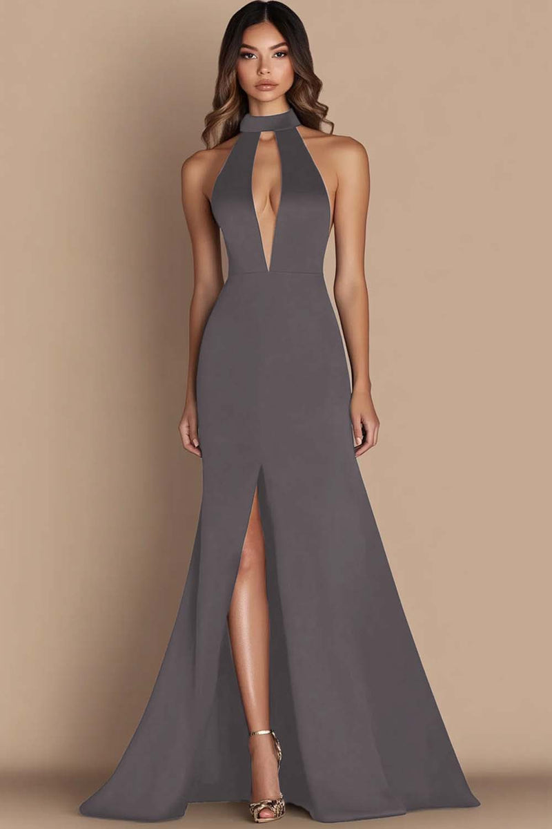 Load image into Gallery viewer, Black Halter Cut Out Mermaid Gala Dress with Slit