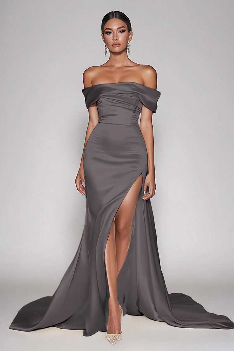 Load image into Gallery viewer, Champagne Off The Shoulder Satin Long Mermaid Formal Dress with Slit