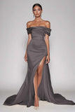 Champagne Off The Shoulder Satin Long Mermaid Formal Dress with Slit