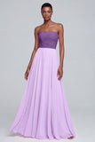 Pink Strapless A Line Ruched Long Chiffon Dress