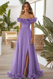 Off The Shoulder Blue A Line Formal Dress With Slit