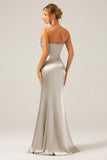 Mermaid Grey Blue Satin Spaghetti Straps Pleated Maxi Dress
