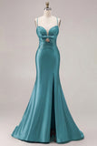 Fuchsia Mermaid Cut Out Pleated Satin Bowed Long Prom Dress with Slit