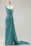Green One Shoulder Ruched Sheath Long Prom Dress with Slit