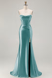 Dark Green Strapless Mermaid Corset Beaded Long Prom Dress with Slit