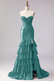 Red Mermaid Ruffled Sweetheart Beaded Corset Long Prom Dress with Slit