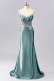 Sparkly Grey Blue Mermaid Ruched Corset Satin Long Prom Dress with Rhinestones