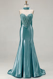 Blue Mermaid Corset Sweetheart Convertible Long Satin Prom Dress with Streamer