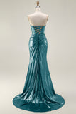 Metallic Dark Golden Mermaid Strapless Cut Out Long Prom Dress with Slit