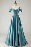 Off The Shoulder Beaded A Line Purple Corset Long Prom Dress with Slit