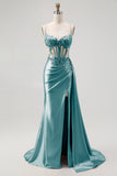 Champagne Mermaid Corset Beaded Satin Long Prom Dress with Slit