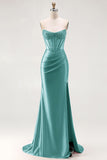 Red Strapless Mermaid Corset Beaded Ruched Satin Long Prom Dress with Slit
