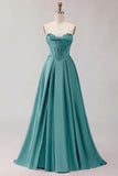 Golden Strapless Satin A-Line Corset Long Prom Dress