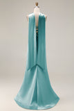 Strapless Corset Mermaid Light Green Satin Side Slit Maxi Dress with a Neck Scarf