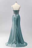 Sparkly Grey Blue Mermaid Ruched Corset Satin Long Prom Dress with Rhinestones