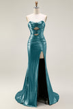 Metallic Dark Golden Mermaid Strapless Cut Out Long Prom Dress with Slit