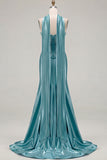 Blue Mermaid Corset Sweetheart Convertible Long Satin Prom Dress with Streamer
