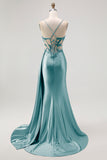 Champagne Mermaid Corset Beaded Satin Long Prom Dress with Slit
