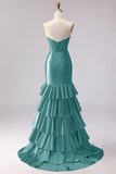 Red Mermaid Ruffled Sweetheart Beaded Corset Long Prom Dress with Slit