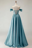 Off The Shoulder Beaded A Line Purple Corset Long Prom Dress with Slit