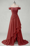 Off the Shoulder Chiffon Butter Yellow A-Line Ruffled Maxi Dress with Slit