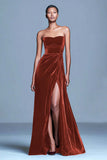 Strapless Burgundy Velvet A Line Formal Dress with Slit