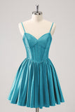 Dark Green A-Line Spaghetti Straps Corset Pleated Graduation Dress