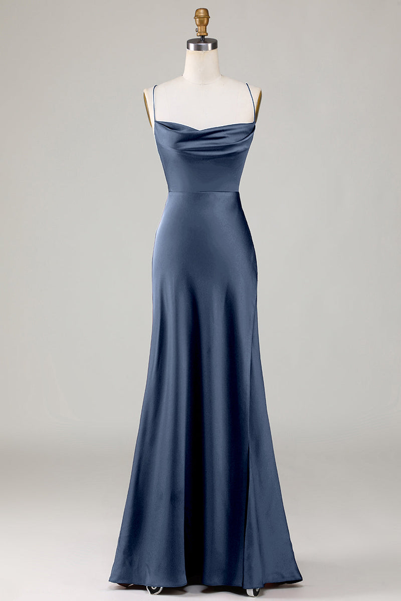 Load image into Gallery viewer, Dusty Blue Lace-Up Back Satin Simple Prom Dress with Slit