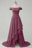 Off the Shoulder Chiffon Butter Yellow A-Line Ruffled Maxi Dress with Slit