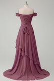 Off the Shoulder Chiffon Butter Yellow A-Line Ruffled Maxi Dress with Slit