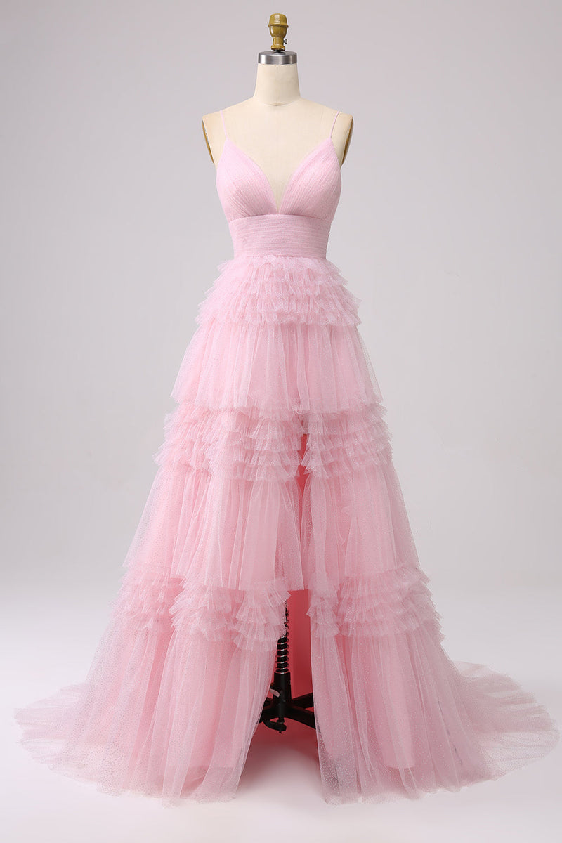 Load image into Gallery viewer, Pink Tiered Spaghetti Straps Princess Prom Dress with Slit