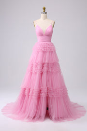 Pink Tiered Spaghetti Straps Princess Prom Dress with Slit
