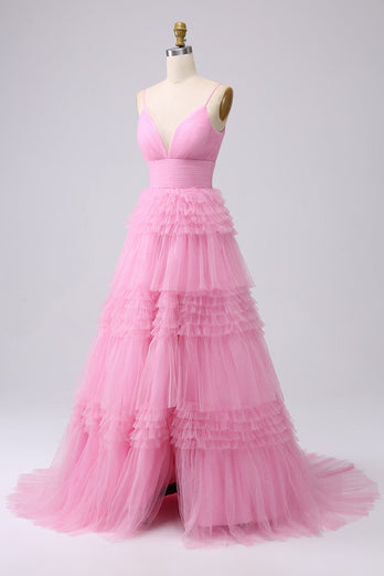 Pink Tiered Spaghetti Straps Princess Prom Dress with Slit