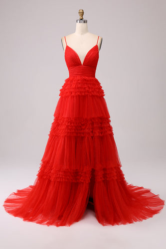 Red Tiered Spaghetti Straps Princess Prom Dress with Slit