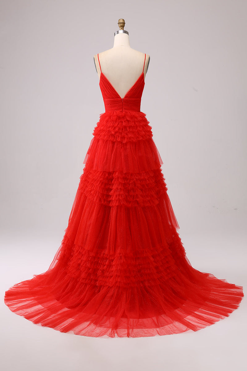 Load image into Gallery viewer, Red Tiered Spaghetti Straps Princess Prom Dress with Slit