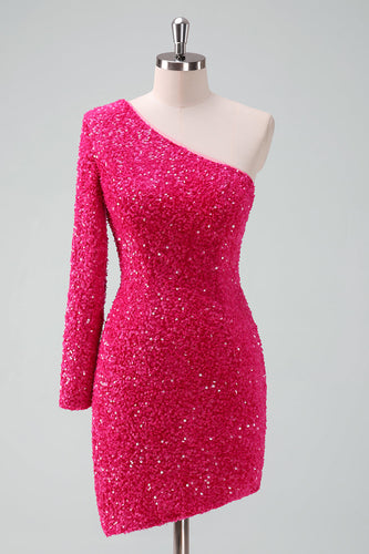 Sparkly Fuchsia One Shoulder Sequin Tight Short Graduation Dress with Fringe