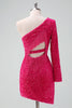 Load image into Gallery viewer, Sparkly Fuchsia One Shoulder Sequin Tight Short Graduation Dress with Fringe